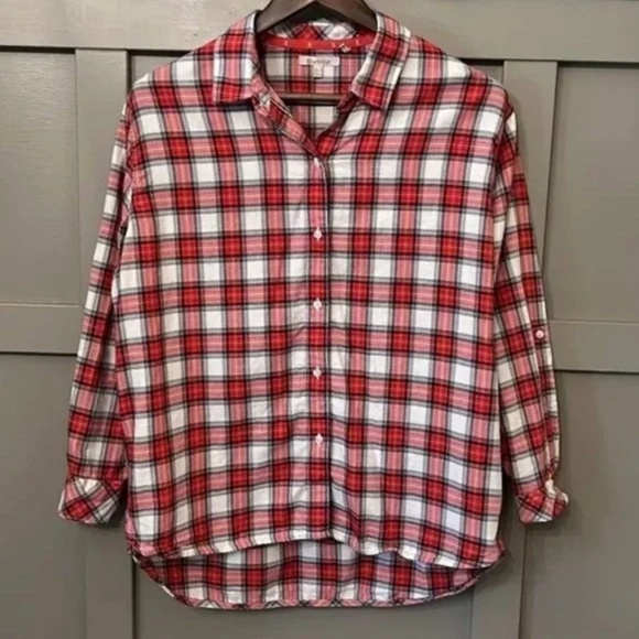 Barbour Hauxley Shirt Button Down Roll Tab Sleeves Cloud & Flame Plaid Size 6 - Picture 1 of 9